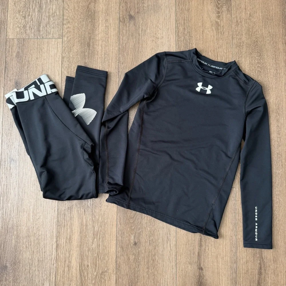 Under Armour Base Layer Set Boys Medium YMD Black ColdGear Top and Leggings